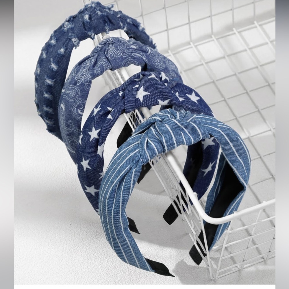 4 Packs Denim Blue Knotted Headbands for Women Girls